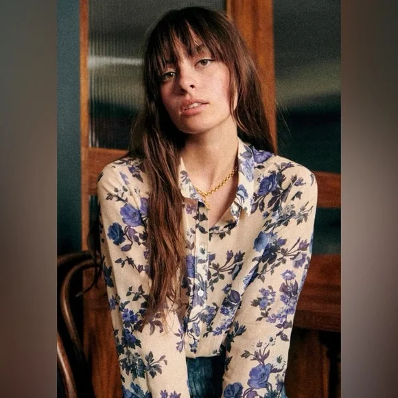 RARE Sezane Pierro Shirt in Blue Floral - Picture 1 of 9